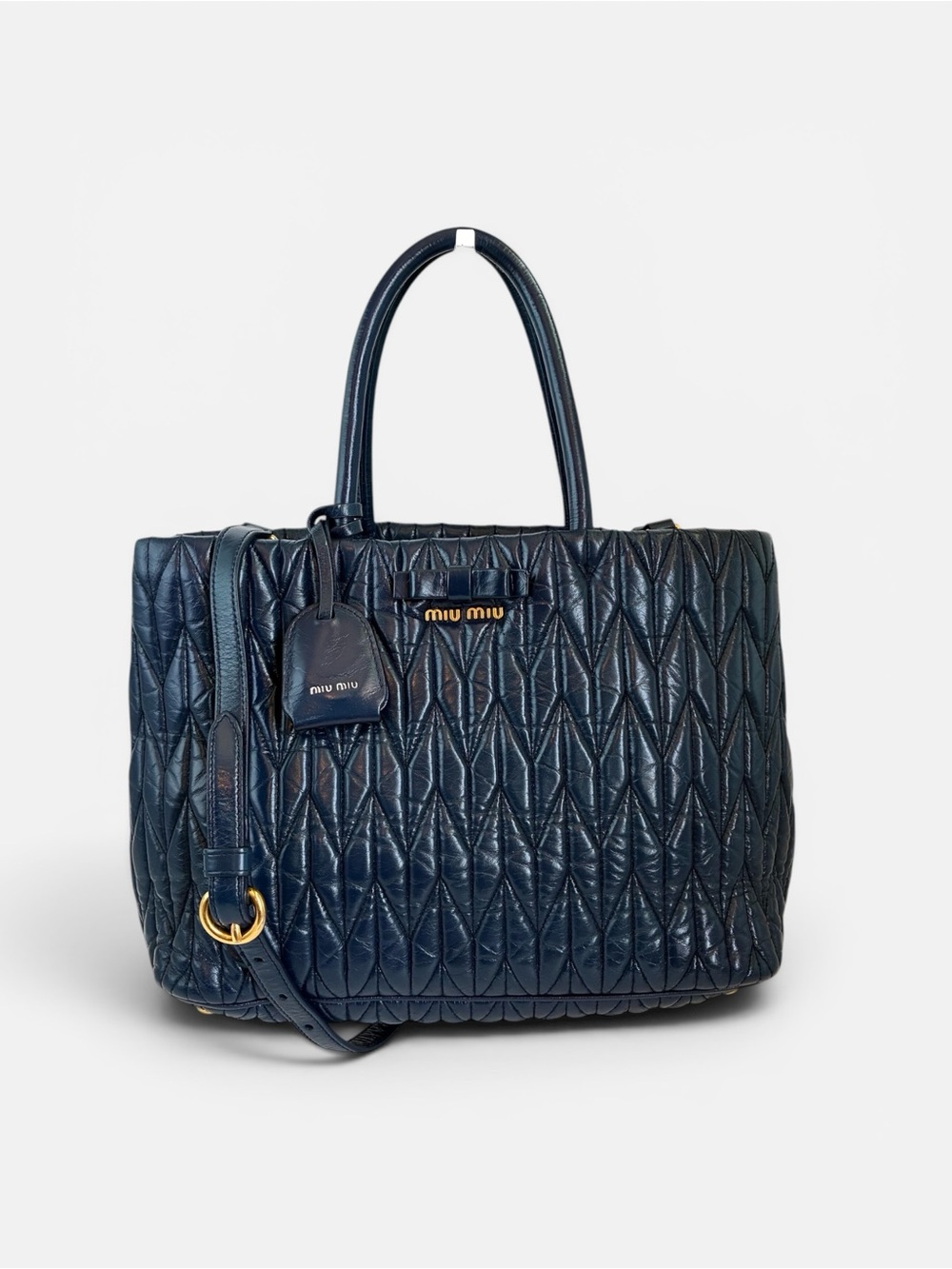 Miu Miu Matelasse Leather Tote Bag Dark Navy Blue Gold Hardware Shoulder Bag